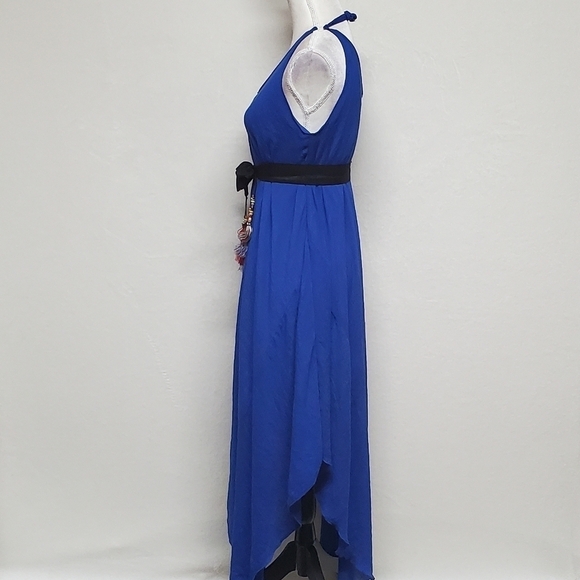 VINTAGE Cobalt Blue Asymmetric Sharkbite Hem V-neck Tie-Waist Gossamer Dress XL - Picture 11 of 16